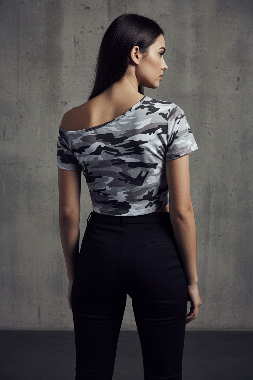 2RAW Women's Camo Off-Shoulder Crop Tee