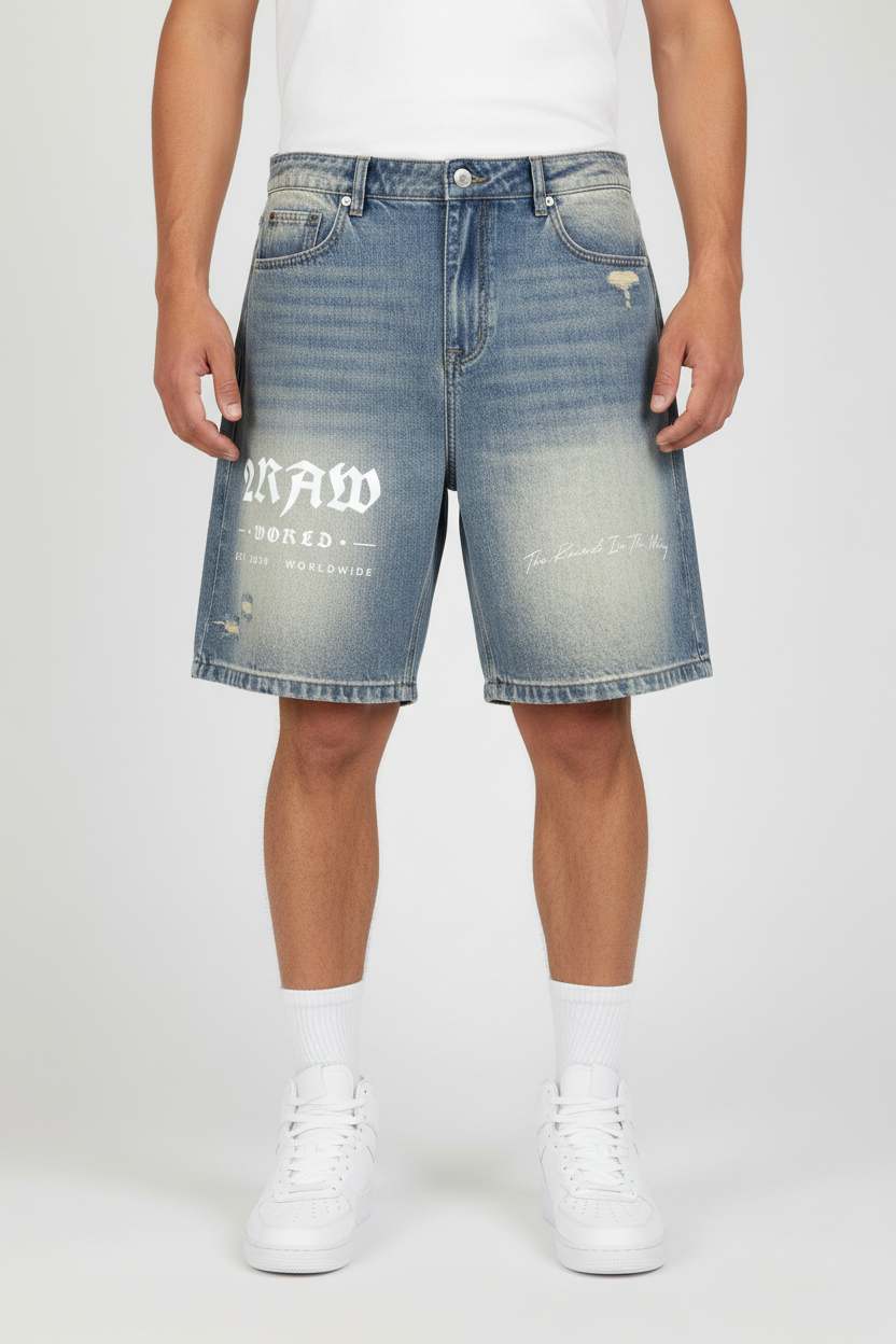 2RAW Faded Distressed Baggy Denim Shorts — Blue