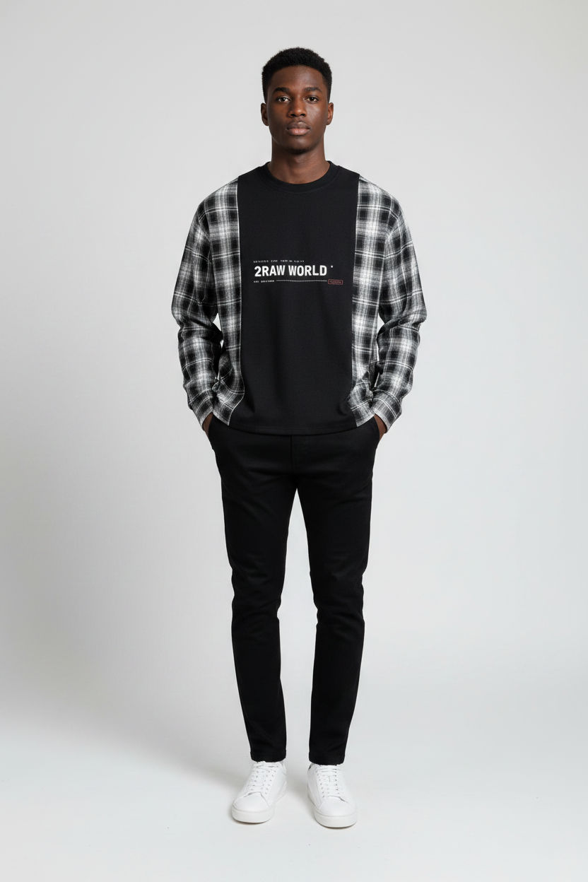 2RAW Plaid Panel Long Sleeve Tee