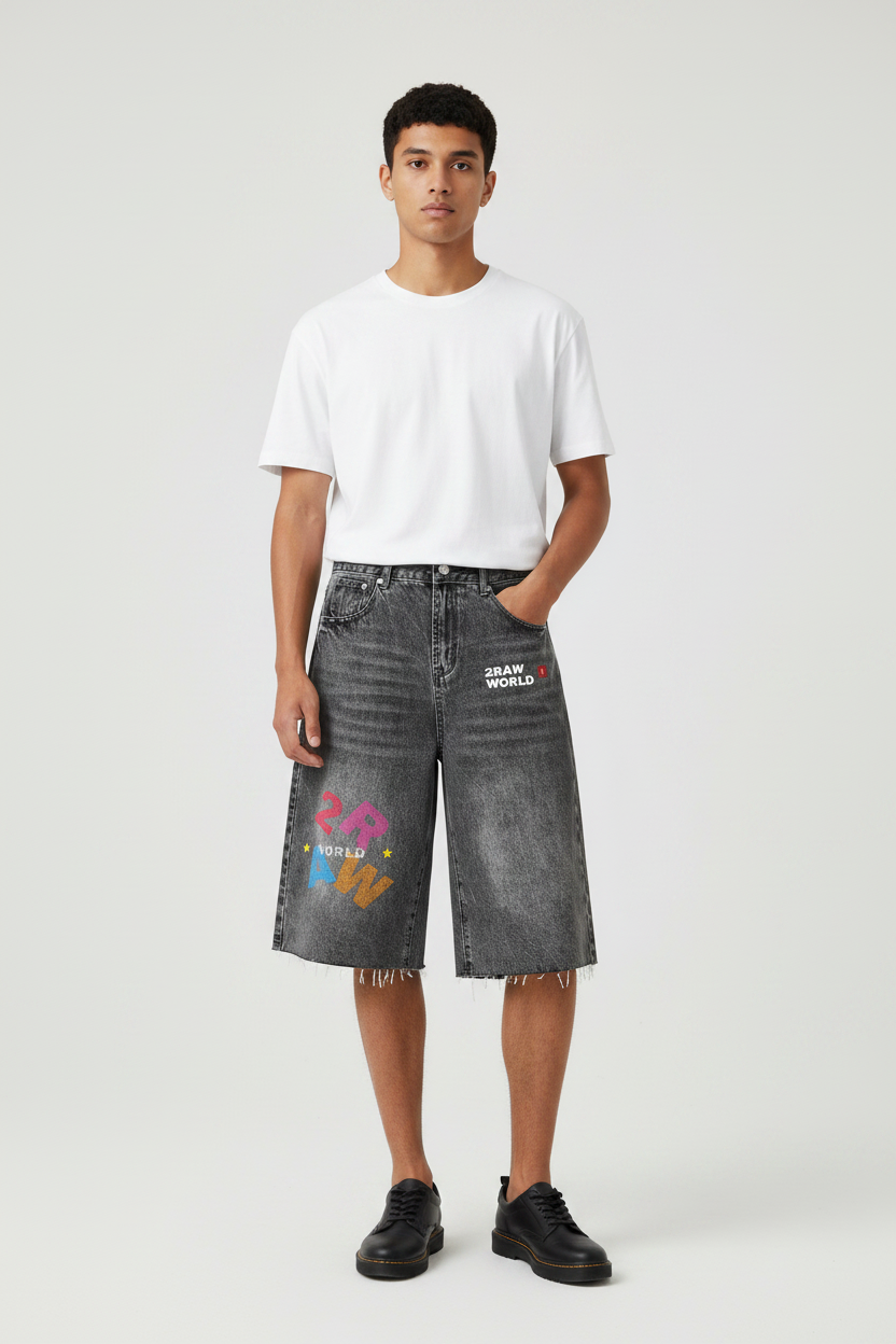 2RAW Men's Vintage Wide Leg Denim Shorts