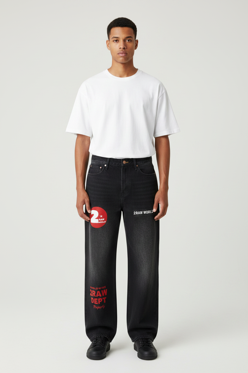 2RAW Men's Vintage Wash Wide Leg Jeans — Black
