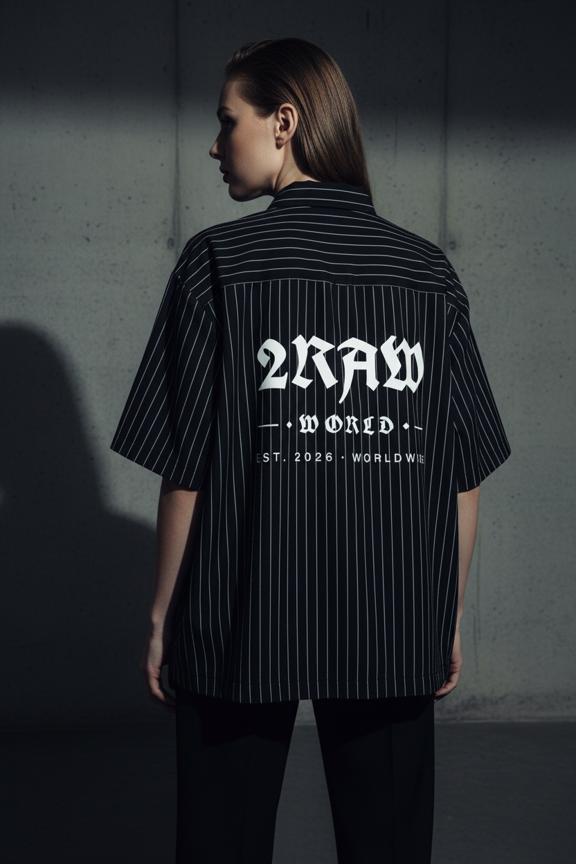 Black short-sleeve button-up shirt with thin white vertical pinstripes and a large white '2KAW WORLD EST. 2026 WORLDWIDE' graphic printed on the back, shown flat against a white background.