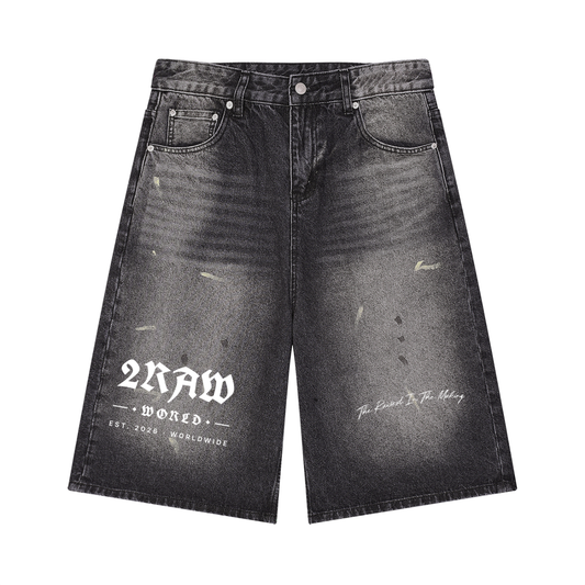 2RAW WORLD Faded Distressed Baggy Denim Shorts