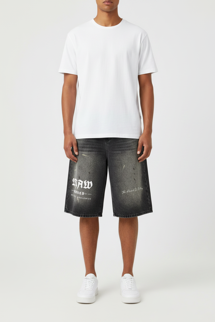 2RAW WORLD Faded Distressed Baggy Denim Shorts