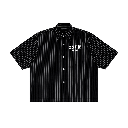 Black pinstripe shirt with a logo on a white background