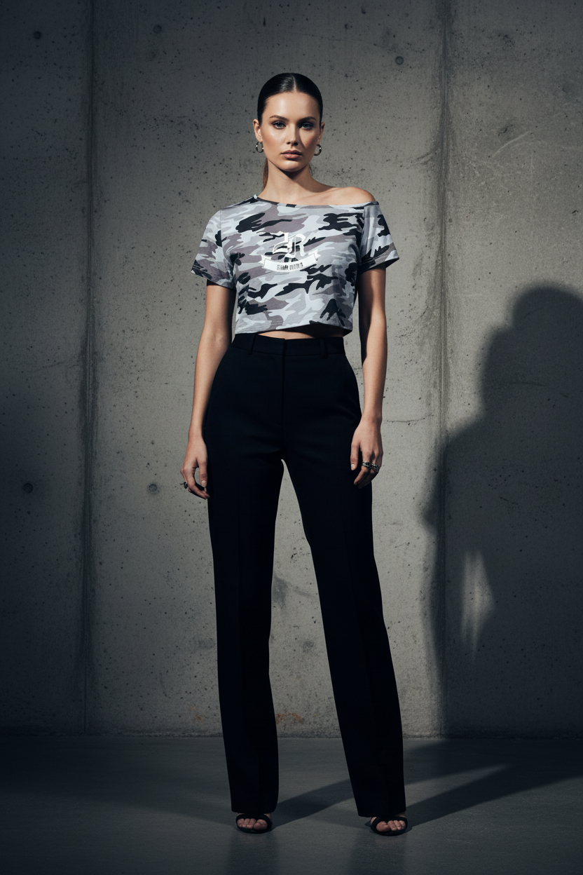2RAW Women's Camo Off-Shoulder Crop Tee